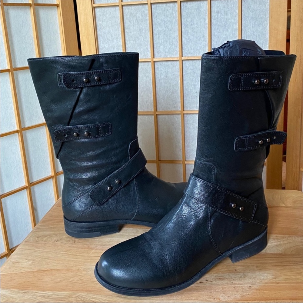 Eileen Fisher Black Leather Vero Cuolo Moto Boots SZ 7